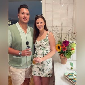 White and green linen dress